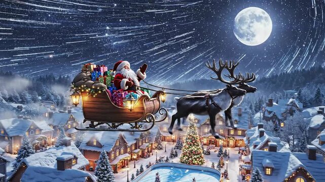 Santa Claus flying in his sleigh with reindeer over a snowy village at night.
