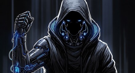 Futuristic hooded cyborg assassin with a robotic arm and glowing blue tech implants. Dark cinematic character design featuring a mysterious silhouette and high-tech mechanical armor details.
