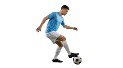 A focused male athlete dribbles a soccer ball skillfully in a dynamic pose, ready for action on a white background