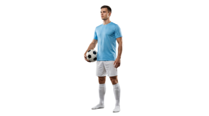 A professional male athlete in a light blue jersey and white shorts stands holding a soccer ball, ready for a match on transparent background