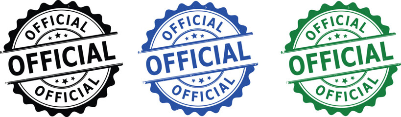 Official stamp icons, certification seal vector, approval badge, black blue green design, authenticity symbol, formal label, document branding graphic