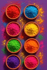 Holi festival powder bursts in bright bowls on rich purple backdrop creating a joyful colorful scene with playful energy and clean negative space