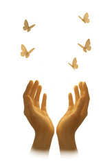 Hopeful sunrise prayer scene with gentle butterflies surrounding a glowing cross symbolizing faith renewal and inner peace in a tranquil ethereal atmosphere