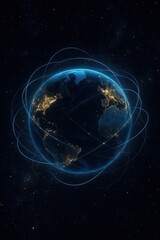Luminous global web of light strands wrapping around a dark planet, symbolizing hyperconnected communication networks, secure data exchange and worldwide unity in technology