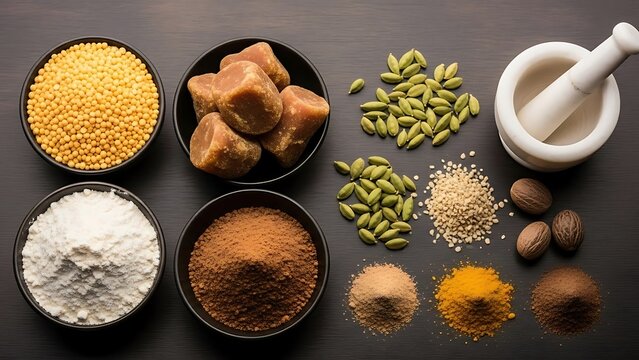 Assortment of Indian spices, grains, and sweeteners on a dark surface Indian food ingredients