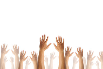 Obraz premium Diverse hands reaching up against a white background. Perfect for human rights, unity, voting, and community concepts. High-quality isolated stock photography