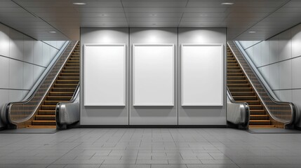 Fototapeta premium Blank poster mockup in metro station Three big vertical. portrait orientation blank poster with metro escalator background