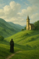 Wooden Christian cross on lush mountain peak beneath clear sky, serene spiritual symbol in nature