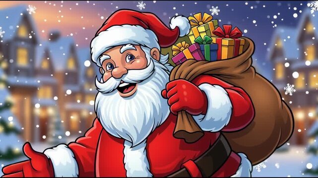 Cartoon santa claus waving hello in a snowy winter scene at night