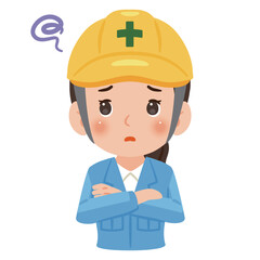 困る作業服を着てヘルメットを被った女性　上半身イラスト／Troubled woman wearing work clothes and a safety helmet, upper body illustratio