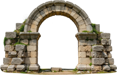 Ancient weathered stone archway structure composed of large rough hewn blocks exhibiting signs of age with small patches of green vegetation growing between the masonry joints Ruin