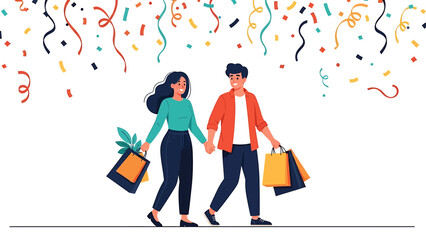 Couple holding hands with shopping bags under confetti.