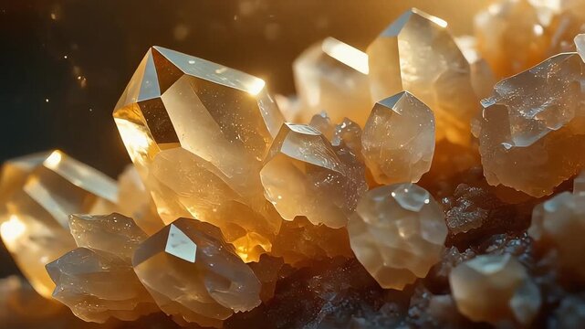 Close-up mineral crystal clusters with warm sandy tones and golden light, cinematic macro background showcasing natural geology, luxury textures, and organic beauty.
