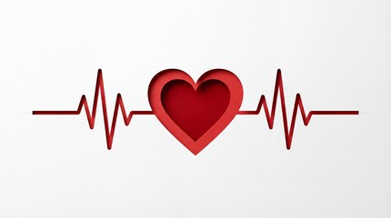 Abstract concept of love heartbeat with red heart and EKG line cut from paper on a minimalist white background, representing passion and life