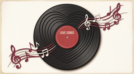Creative paper art of a vinyl record with heart-shaped grooves and musical notes, symbolizing sweet love songs and romantic melodies