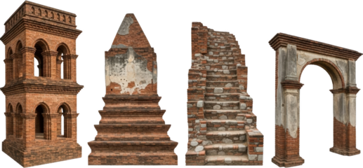 Collection of four ancient weathered brick ruins featuring a tower structure a tiered base section an exterior staircase and a rounded archway all isolated Architecture Old Heritage