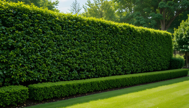 A meticulously trimmed dense green privacy hedge providing a natural barrier in a peaceful
