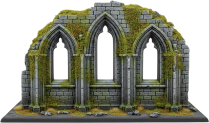 Detailed miniature model of ancient gothic stone ruins featuring three tall pointed arched openings heavily overgrown with vibrant green moss and vines on a textured base Architecture
