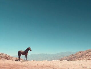 Lone horse standing in vast desert under clear blue sky conveying isolation scale resilience and quiet strength within an open arid landscape