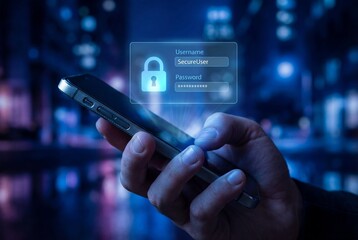Hand holding smartphone with holographic login screen and padlock icon for cybersecurity concept