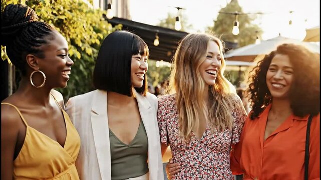 Diverse group of four women friends enjoying an outdoor gathering and laughing together.