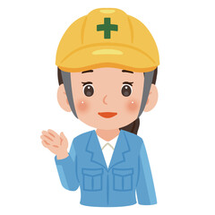 案内する作業服を着てヘルメットを被った女性　上半身イラスト／Woman wearing work clothes and a safety helmet guiding or pointing, upper body illustration
