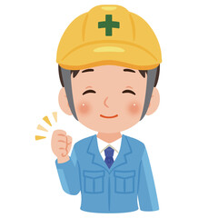 作業服を着てヘルメットを被った笑顔の男性　上半身イラスト／Smiling man wearing work clothes and a safety helmet, upper body illustration