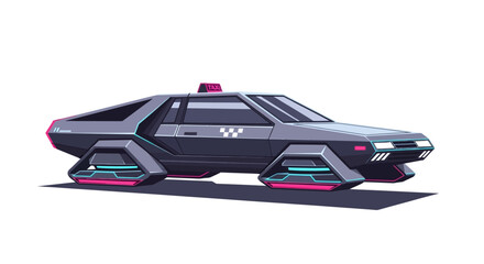 Futuristic flying taxi with neon glow design isolated on white background. © Jaka