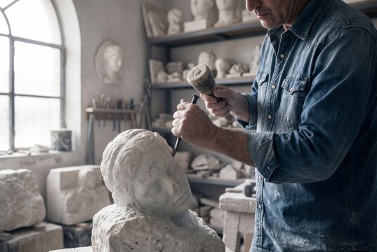 Sculptor carefully carving a stone head with mallet and chisel