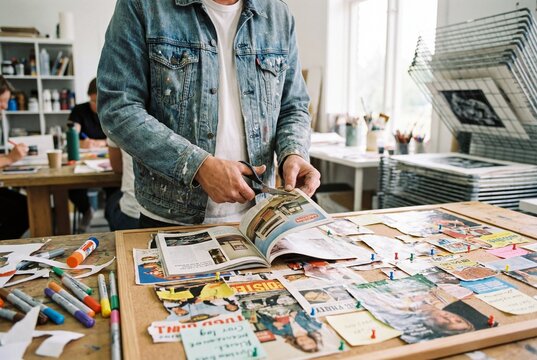 Creative artist cutting magazine images with scissors to build a mood board in a bright studio