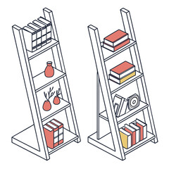 Modern leaning bookshelf with decorative items © AE