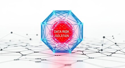 A blue and red geometric shape with a glowing red center and a blue hexagonal base, set against a white background with a network of lines and dots.