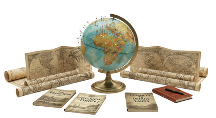 Globe sits on a table with a book titled "Exploring the Grand Tour" and a pen. isolated illustration transparent background
