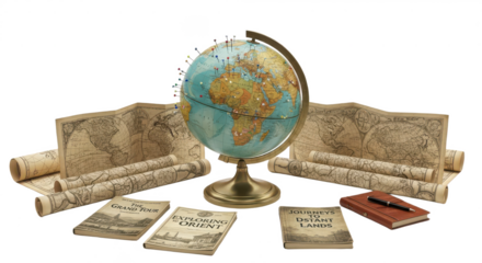 Globe sits on a table with a book titled "Exploring the Grand Tour" and a pen. isolated illustration transparent background