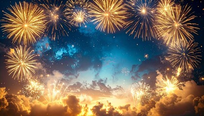 Holiday background for New Year with fireworks. Abstract colored firework background with free space for text. Collection of firework and light glow special effect. Happy new year. 