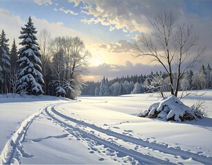 Winter landscape scene; snow-covered field, trees, tire tracks, and a bright cloudy sky, sunlight peeking through