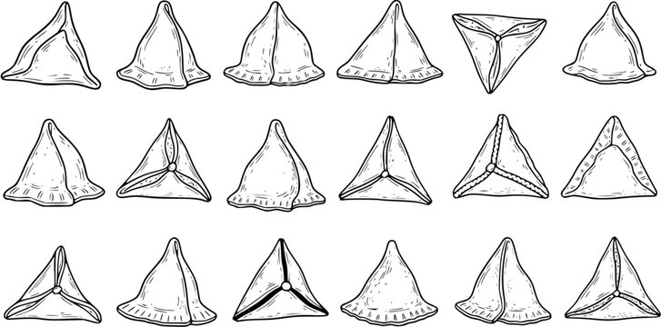 Black and White Line Art Hand Drawn Collection of Triangular Food Pastries and Dumplings. Isolated Vector Doodles Featuring Hamantaschen, Somsa, Samsa, and Baked Goods for Cuisine.