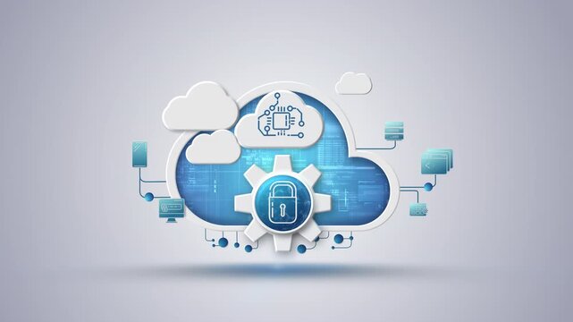 Cloud computing platform securing data with a padlock icon on a gear