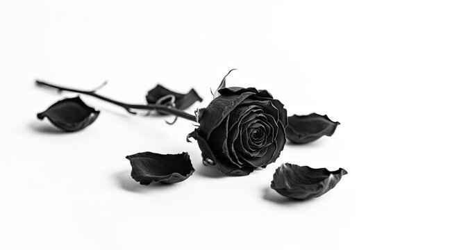 A single black rose on a white background.
