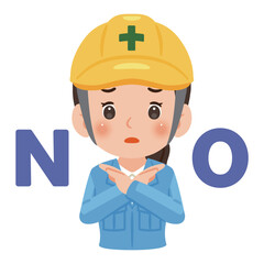 両手でバツのポーズをする作業服を着てヘルメットを被った女性　上半身イラスト／Woman wearing work clothes and a safety helmet making a cross gesture with both hands, upper body illustration
