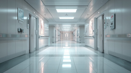 modern hospital corridor interior, clean medical hallway perspective, empty healthcare facility hallway
