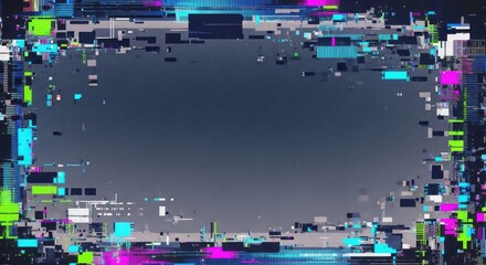 A digital glitch effect with a dark, abstract background featuring a blue and green pixelated frame.