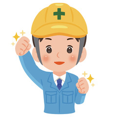 やる気のある作業服を着てヘルメットを被った男性　上半身イラスト／Motivated man wearing work clothes and a safety helmet making a fist pump, upper body illustration