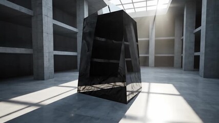 Wide sweeping aerial shot orbiting a highly polished black obsidian monolith prism standing vertically in a vast, empty architectural space drone, corporate, prism