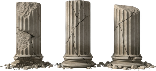 Three weathered cracked ancient stone column bases remain standing surrounded by scattered rubble and debris on a dark transparent background Ruin Architecture Pillar Broken Texture