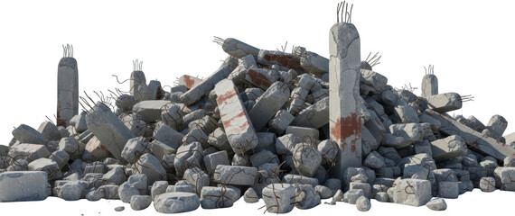 A large pile of broken concrete rubble featuring several jagged rebar reinforced broken pillar fragments representing demolition debris or wreckage on a transparent background Construction