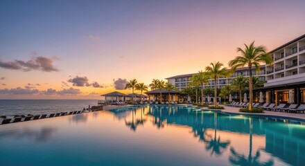 A serene beachside resort with a large infinity pool and palm trees at sunset.