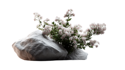 Elegant white flowers with delicate pink centers and lush green leaves emerging from large textured rocks, perfect for serene natureinspired product presentations or calming visual themes