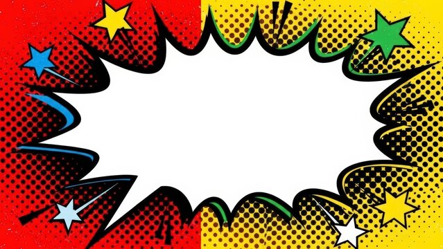Comic book style explosion speech bubble with stars on a red and yellow halftone background. - Powered by Adobe