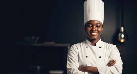 A confident female chef in a white uniform with a hat, standing in a dark kitchen with a dark background.